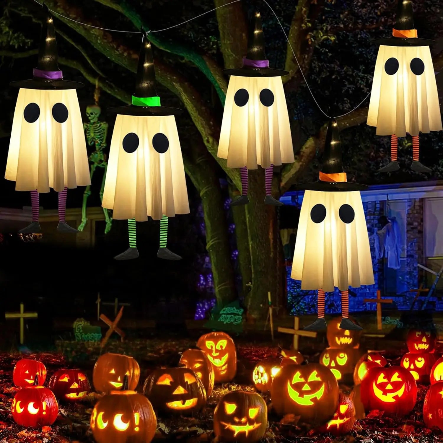 Halloween Hanging Ghost Decorations, Outdoor Witches Hat Lights