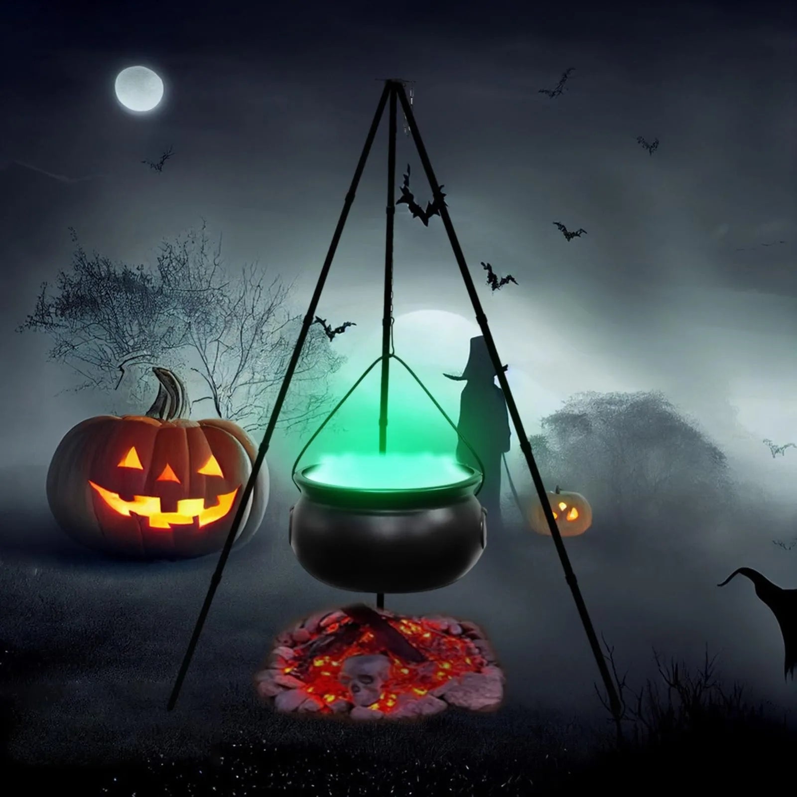 Halloween Outdoor Large Witch Cauldron on Tripod with Lights Candy Bucket