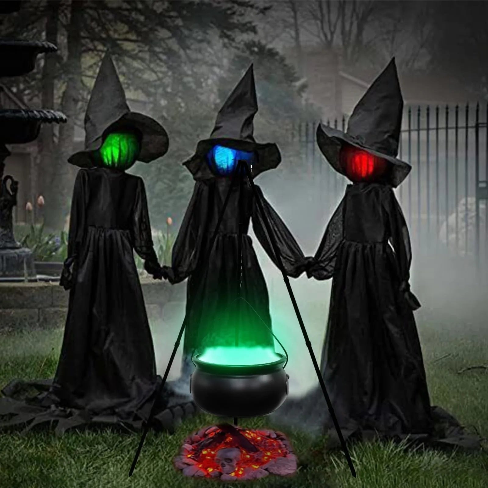 Halloween Outdoor Large Witch Cauldron on Tripod with Lights Candy Bucket